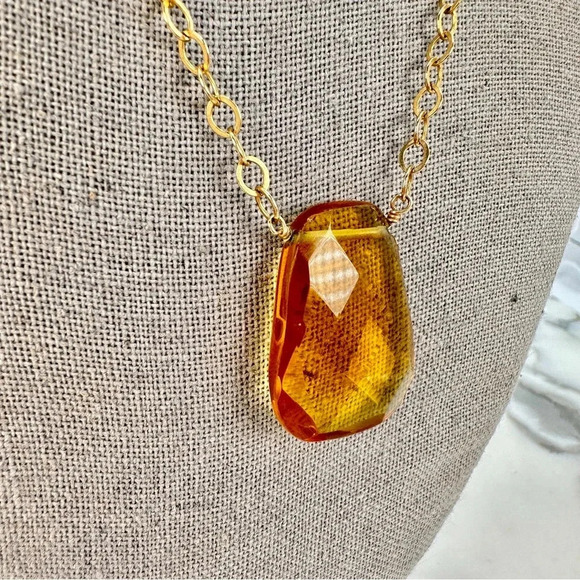 Honey Yellow Faceted Glass Pendant Necklace Delicate Chain Citrine Dangl… - Picture 4 of 9